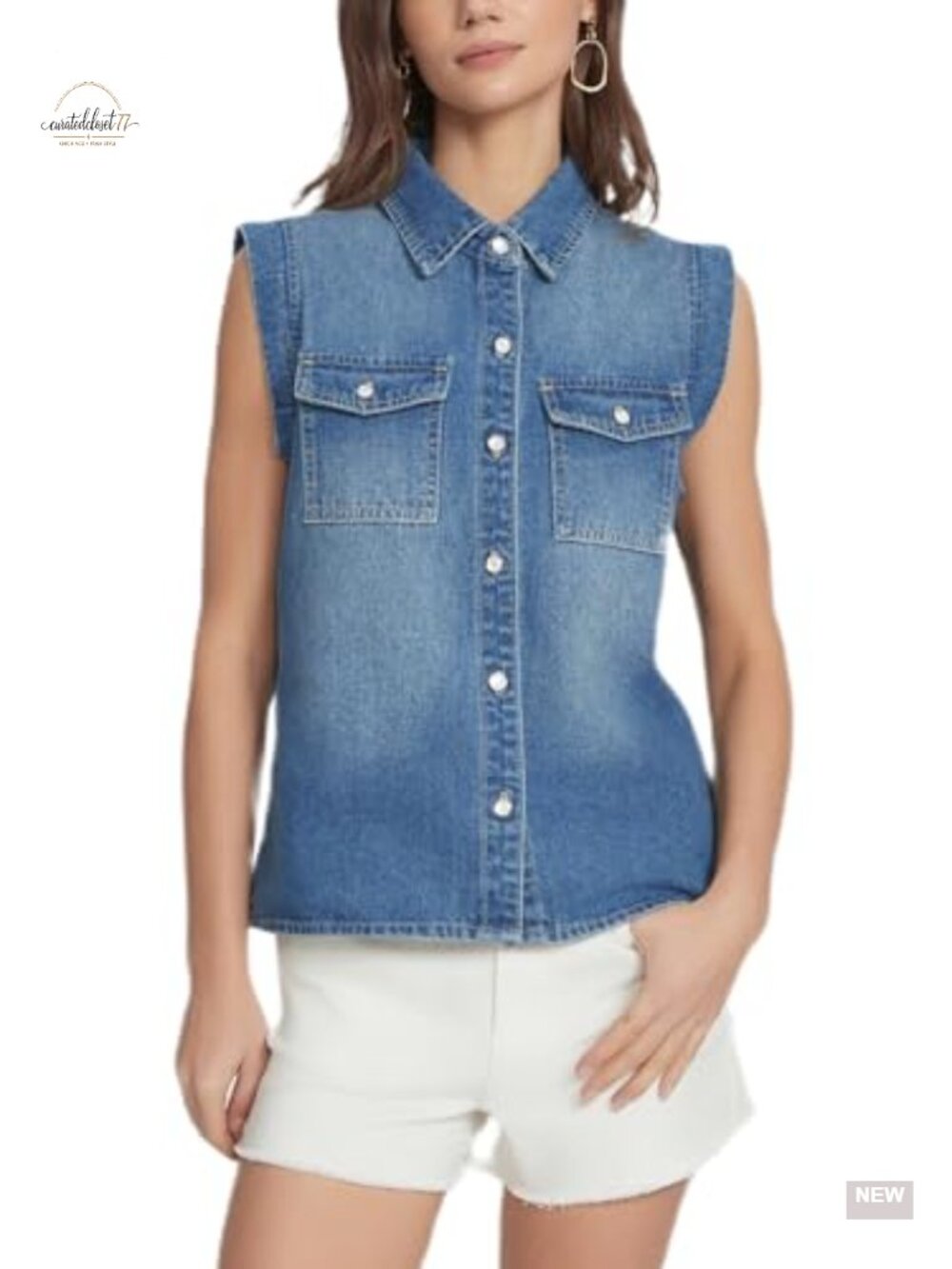 Sleeveless Denim Vest Jacket Button Down Jean Shacket with Pockets